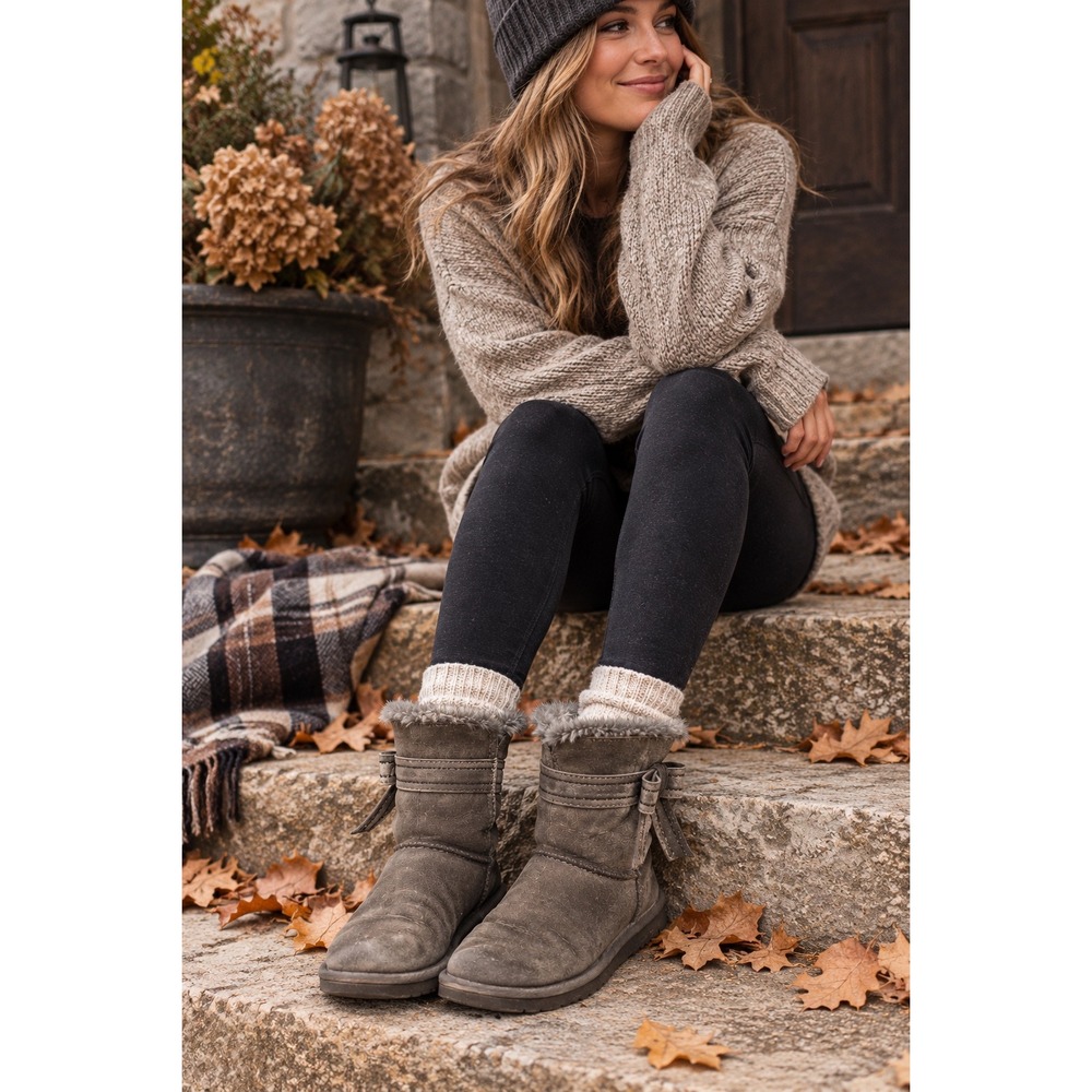 UGG Australia Josette Grey Suede Sheepskin Lining Mid Calf Boots Womens